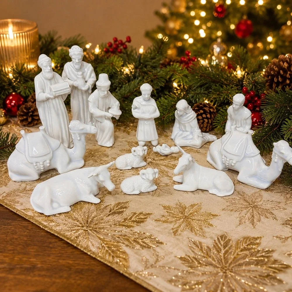 Porcelain Nativity Set of 13 Glossy Christmas Figurines Vintage Handmade Marked